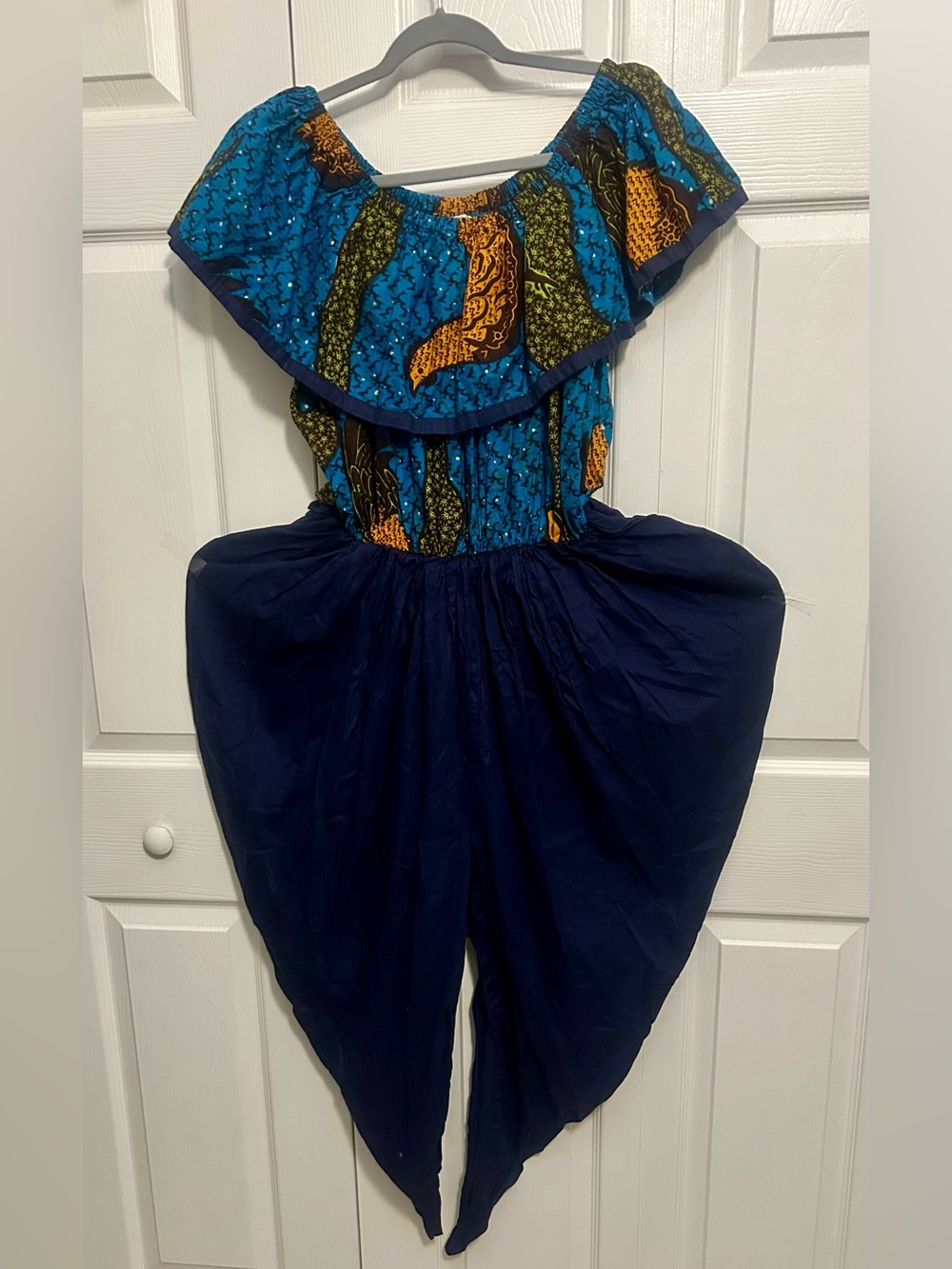 Blue Off-Shoulder Printed Jumpsuit with Navy Harem Pants Size S:M
